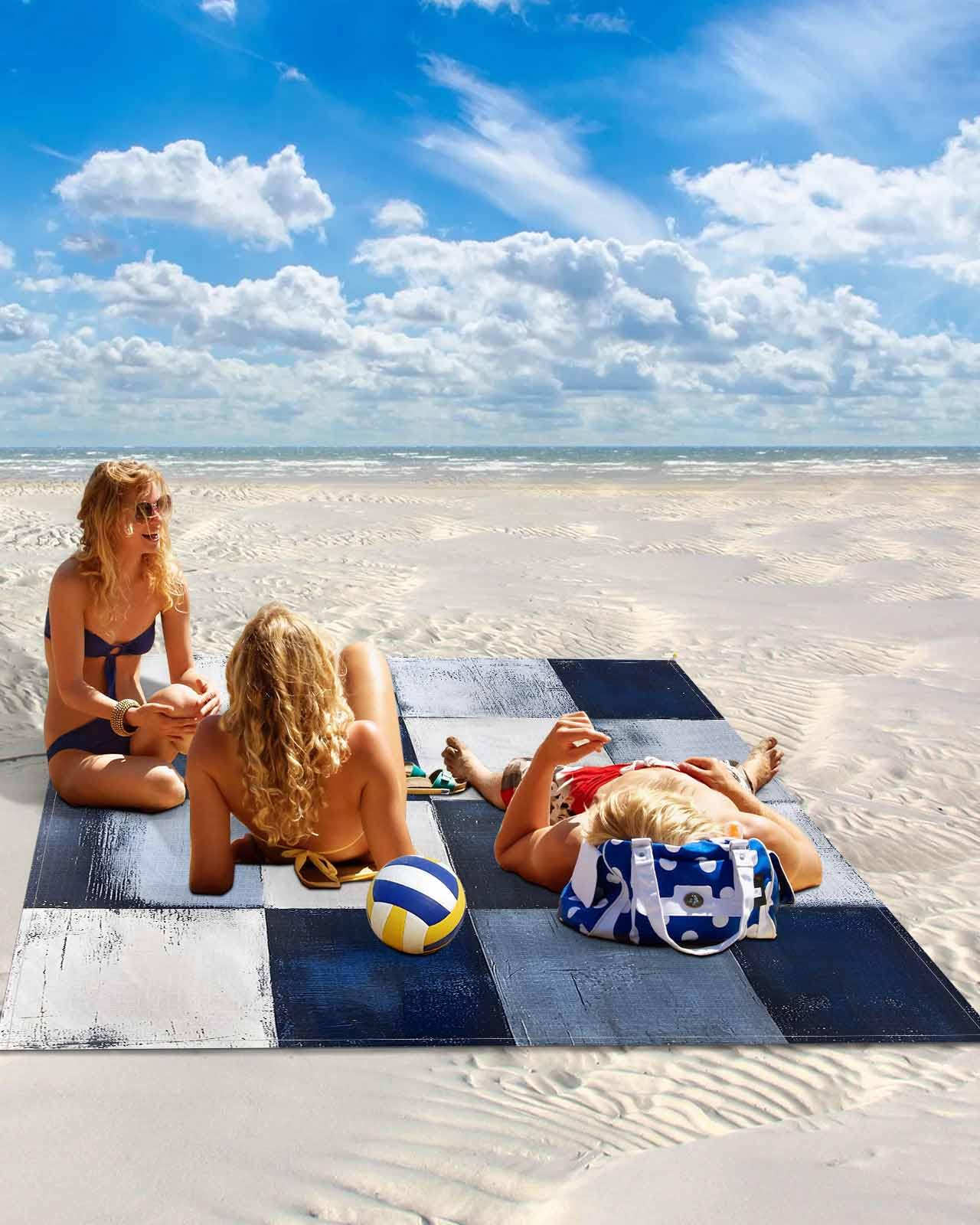 Beach Blanket Sandproof Waterproof Picnic Blankets Navy Blue Plaid Buffalo Checker Extra Large Lightweight Outdoor Beach Mat with Corner Pockets for Travel/Camping Abstract Geometric Color Block