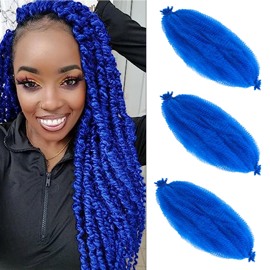 Springy Afro Twist Hair 8 Inch 3 Packs Pre Fluffed Marley Twist Braiding Hair for Black Women (8 inch, 3 Packs, Blue)