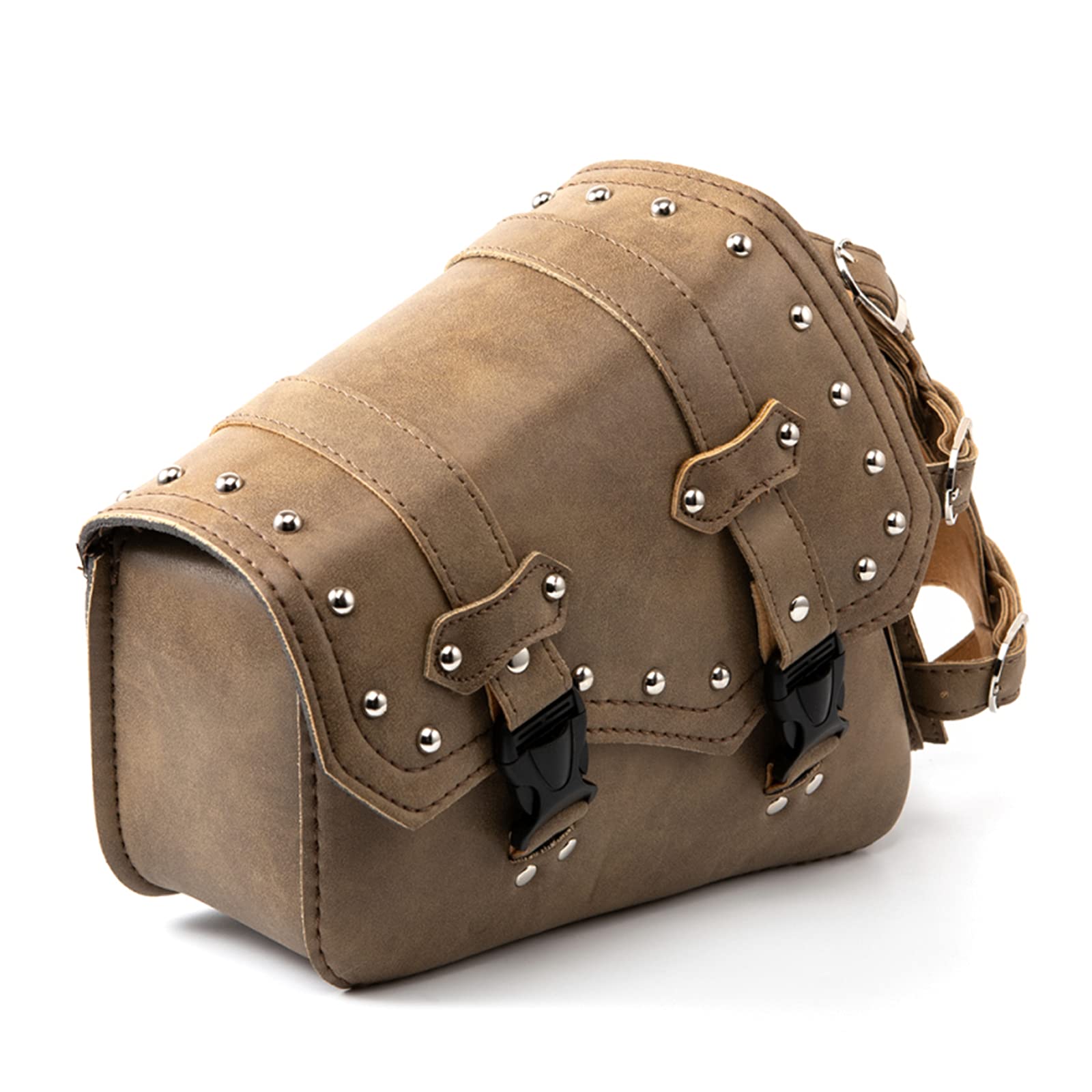 Bolsas de sillín de Moto - Bolso Bandolera de Piel sintética marrón Bolsillos Laterales Bolsa de Equipaje Triangular de Gran Capacidad y Soporte para Botellas de Agua - Lado Izquierdo