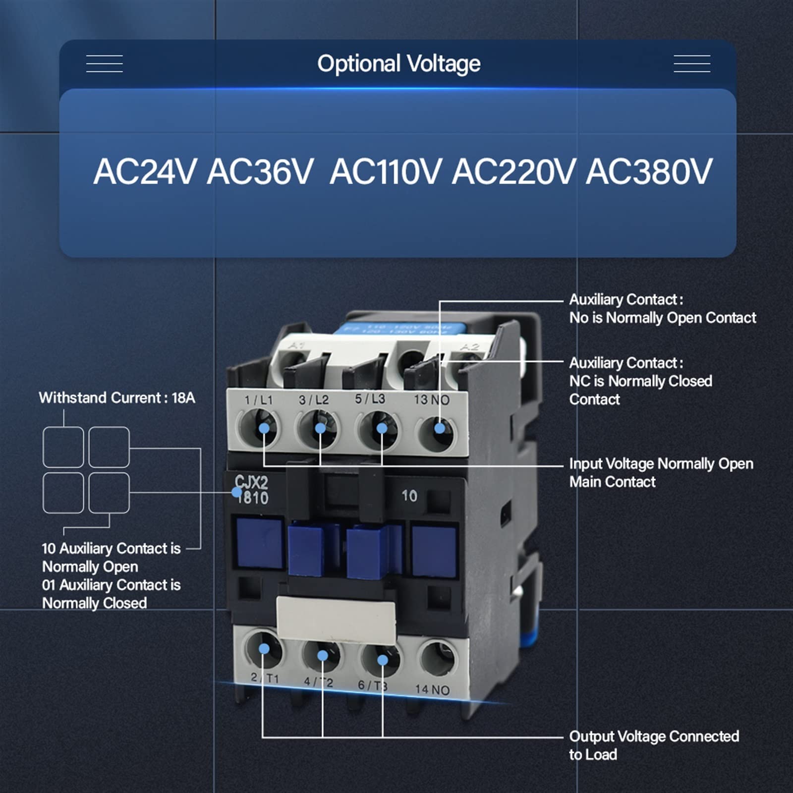 CJX2-1810 LC1 Contactor de CA 18A Trifásico 3 polos NO Voltaje bobina 380V 220V 110V 36V 24V 50/60Hz Montaje en riel 3P+1NO Normal abierto 1 Uds Protección circuito(Ac 24v)