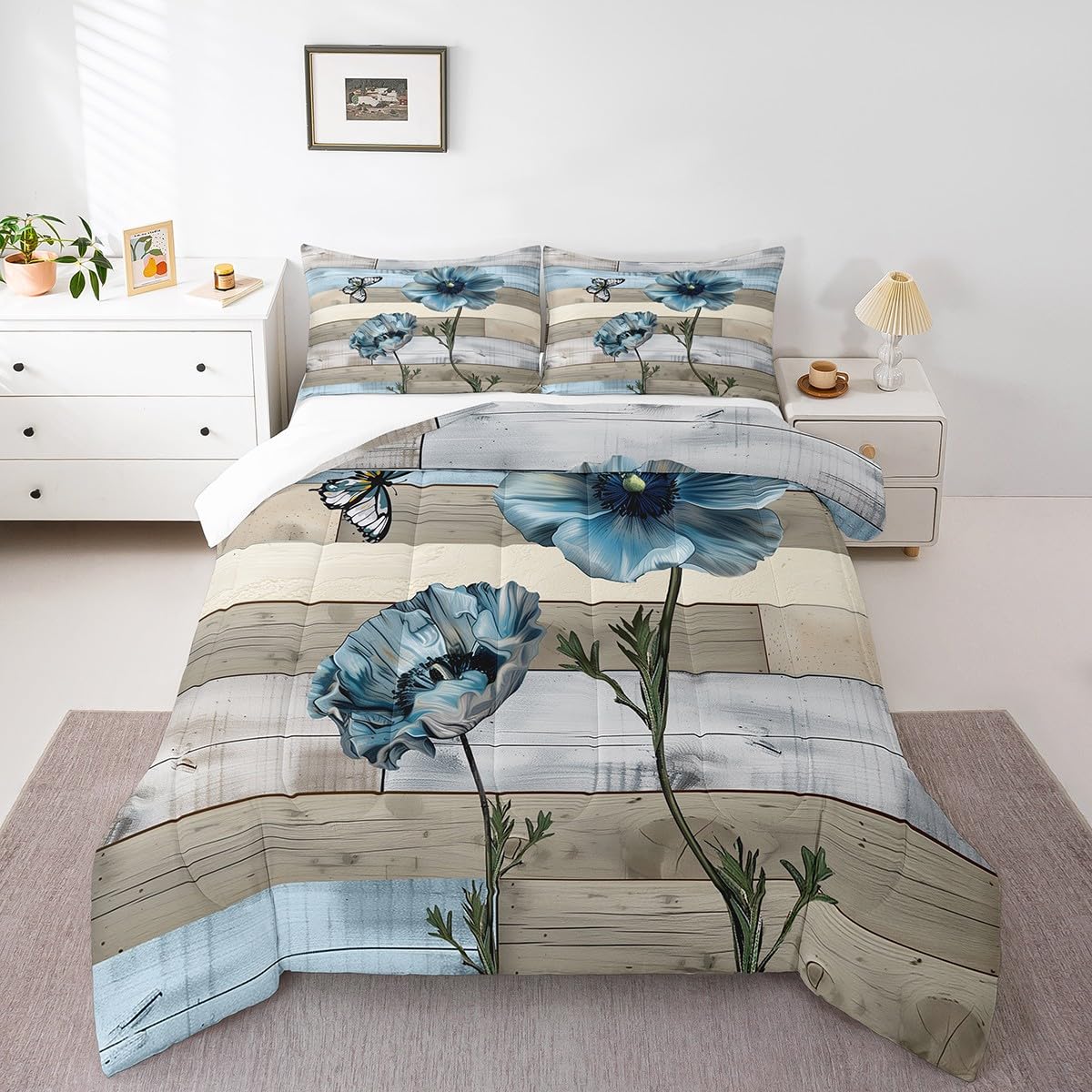Manfei Farmhouse Comforter Set Full Size, Watercolor Flower Butterfly Bedding Set 3pcs for Kids Boys Girls Room Decor, Blue Grey Wooden Board Quilt