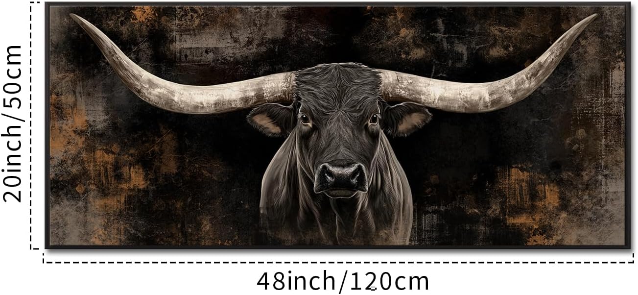 KREATIVE ARTS Large Longhorn Cow Canvas Wall Art with Floater Frame Black White Bull Head Western Cattle Picture Rustic Farmhouse Animal Print for Man Cave Barn Wall Decor 20x48 Inches