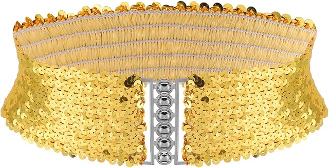 Geyoga Sequin Belt Gold Sparkly Belt Wide Chunky Belts for Women Metal Buckles Shiny Gold Belt Elastic Waist Cinch Belt for 70s 80s Costume Party