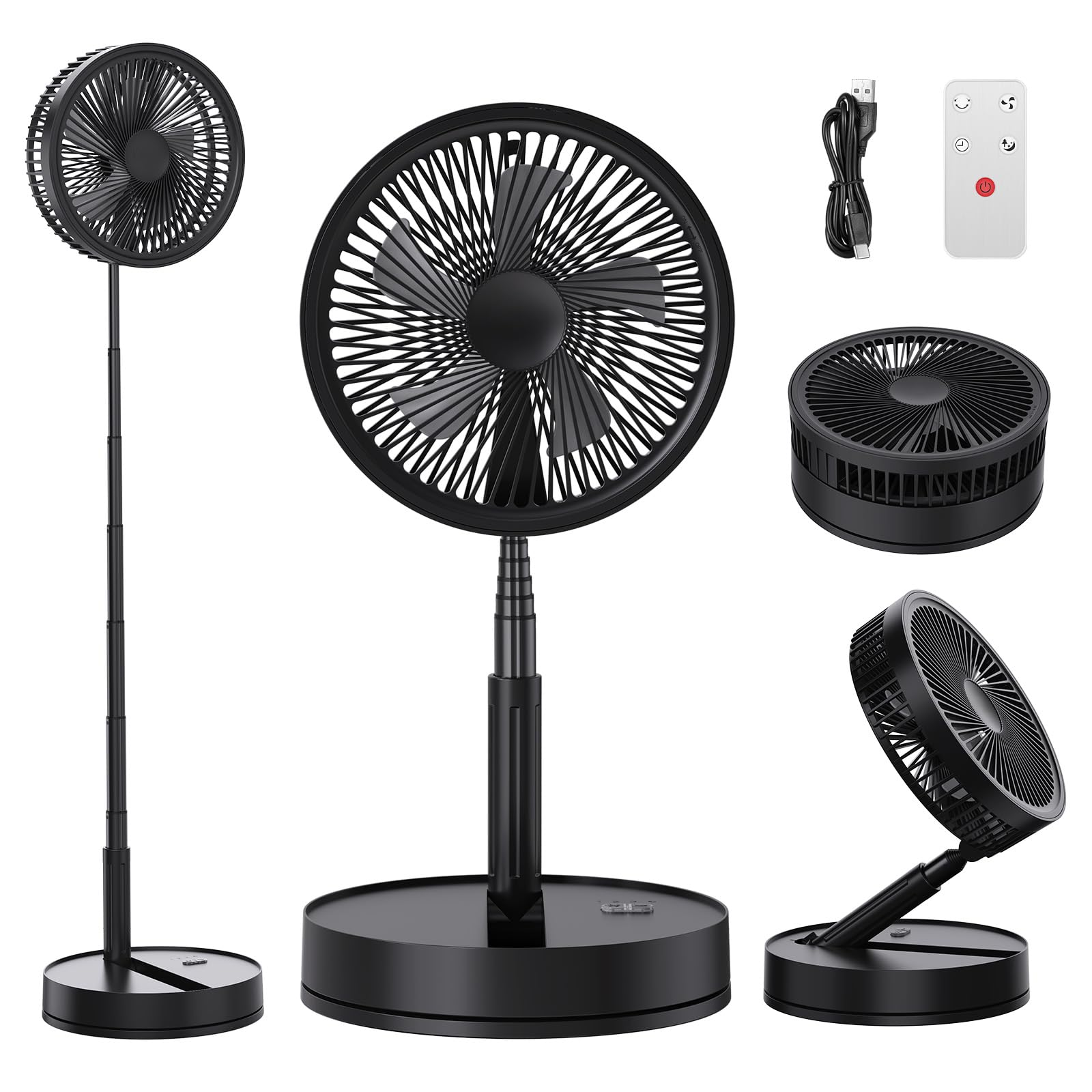 BEOSIOR Portable Pedestal Fan with Remote Control, 8000mAh Rechargeable Battery USB Powered Oscillating Standing Floor Fan, Height Adjustable Foldable Desk Table Fans for Home Office Camping (Black)