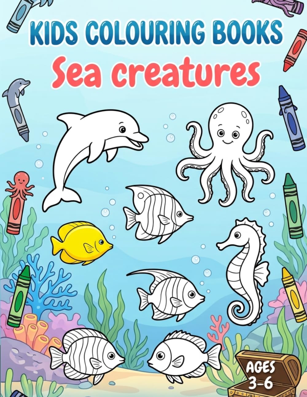 Sea creatures coloring book: Fun & Easy Ocean Animal Coloring Pages for Kids Ages 3-6