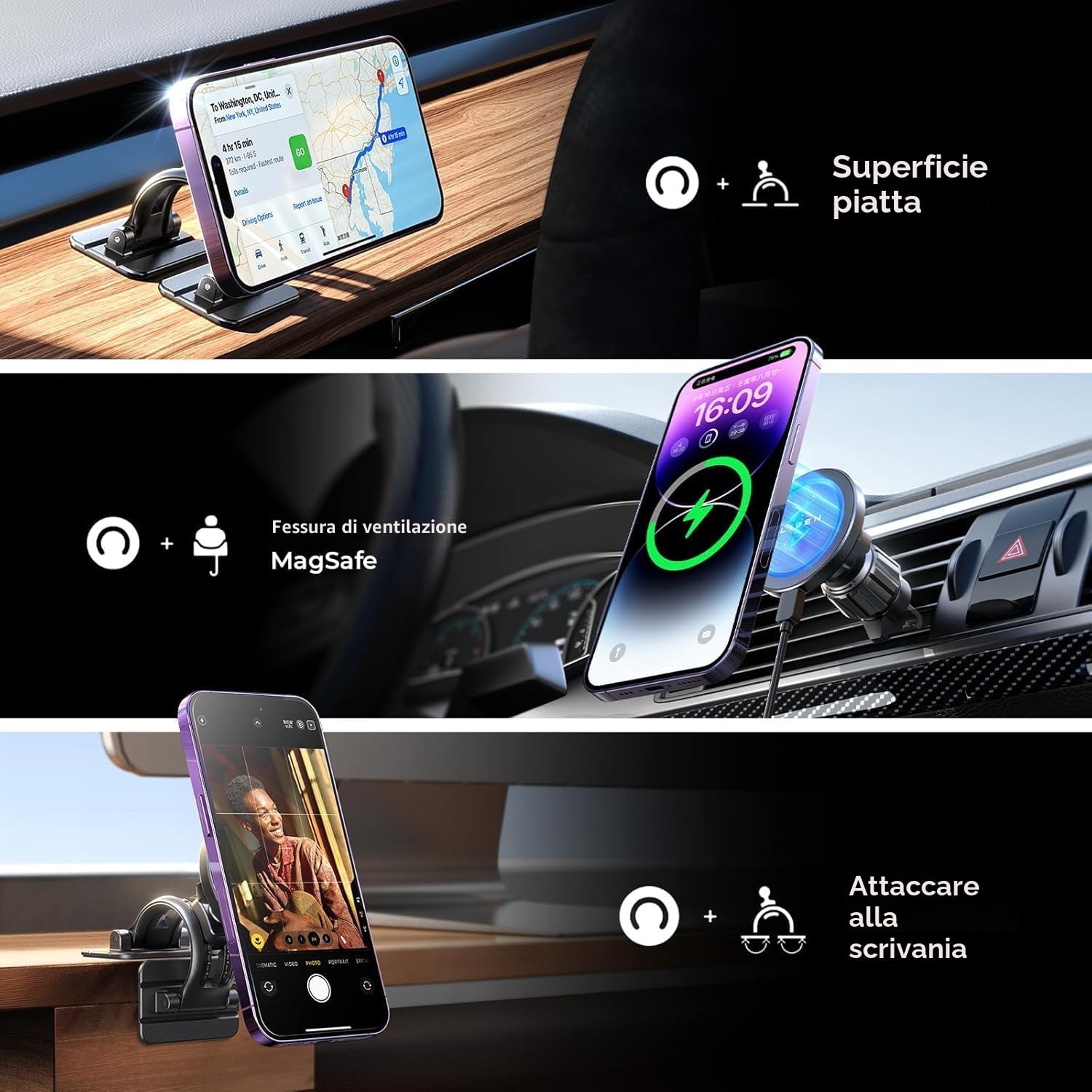LISEN 15W Supporto Auto Magsafe [2025 N55 Magnete] [Stabile Senza Cadute] Porta iPhone Auto, Ricarica Veloce Supporto Magnetico Cellulare, Caricatore Wireless Accessori 17 per iPhone 16 15 14 13 12