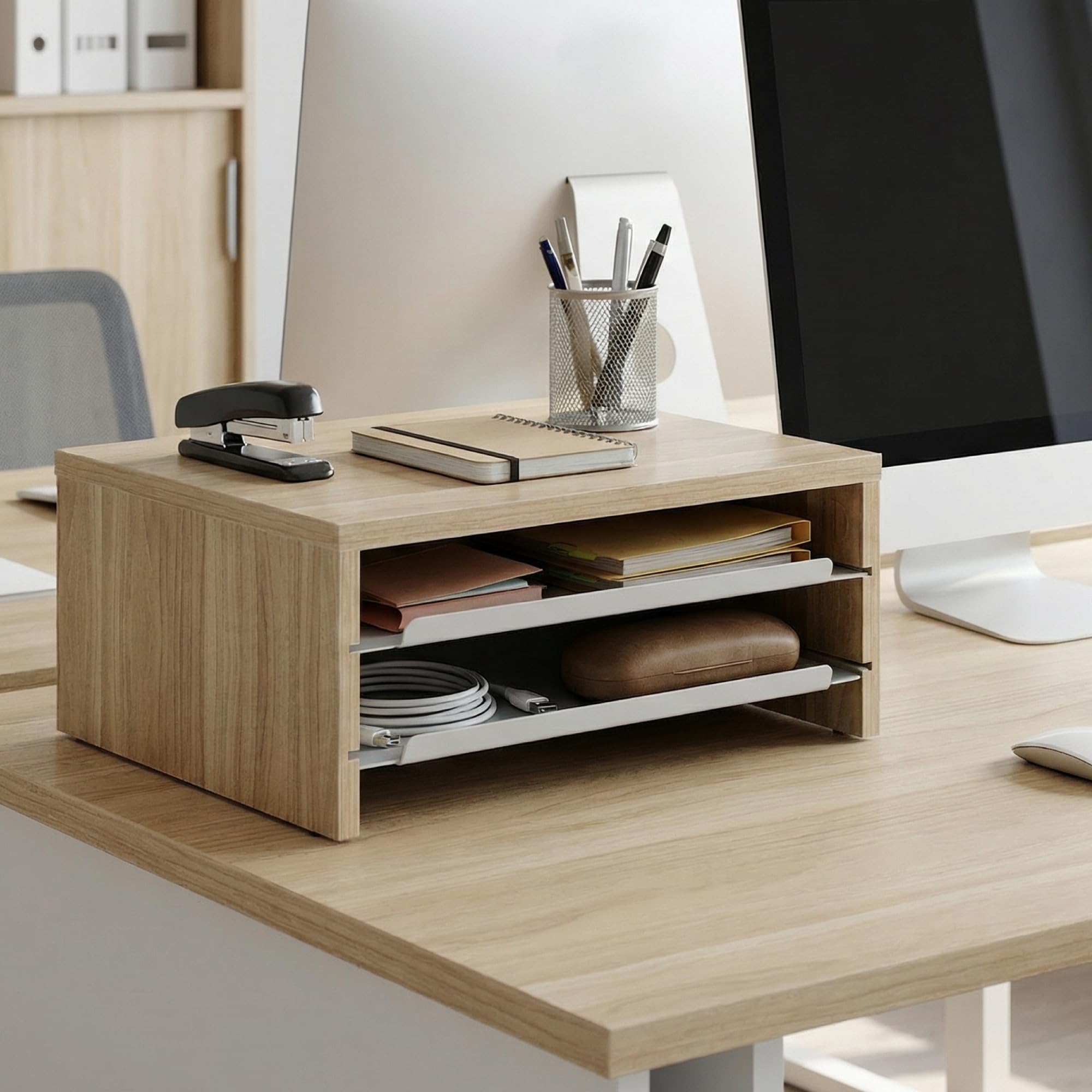 Fenge Supporto Monitor Scrivania, Rialzo per Monitor con 2 Vassoi, Legno e Metallo, Organizer da Scrivania per Casa e Ufficio, Computer, Laptop, Stampante, Telefono, TV, 36,4x23,5x13,4 cm (Rovere)