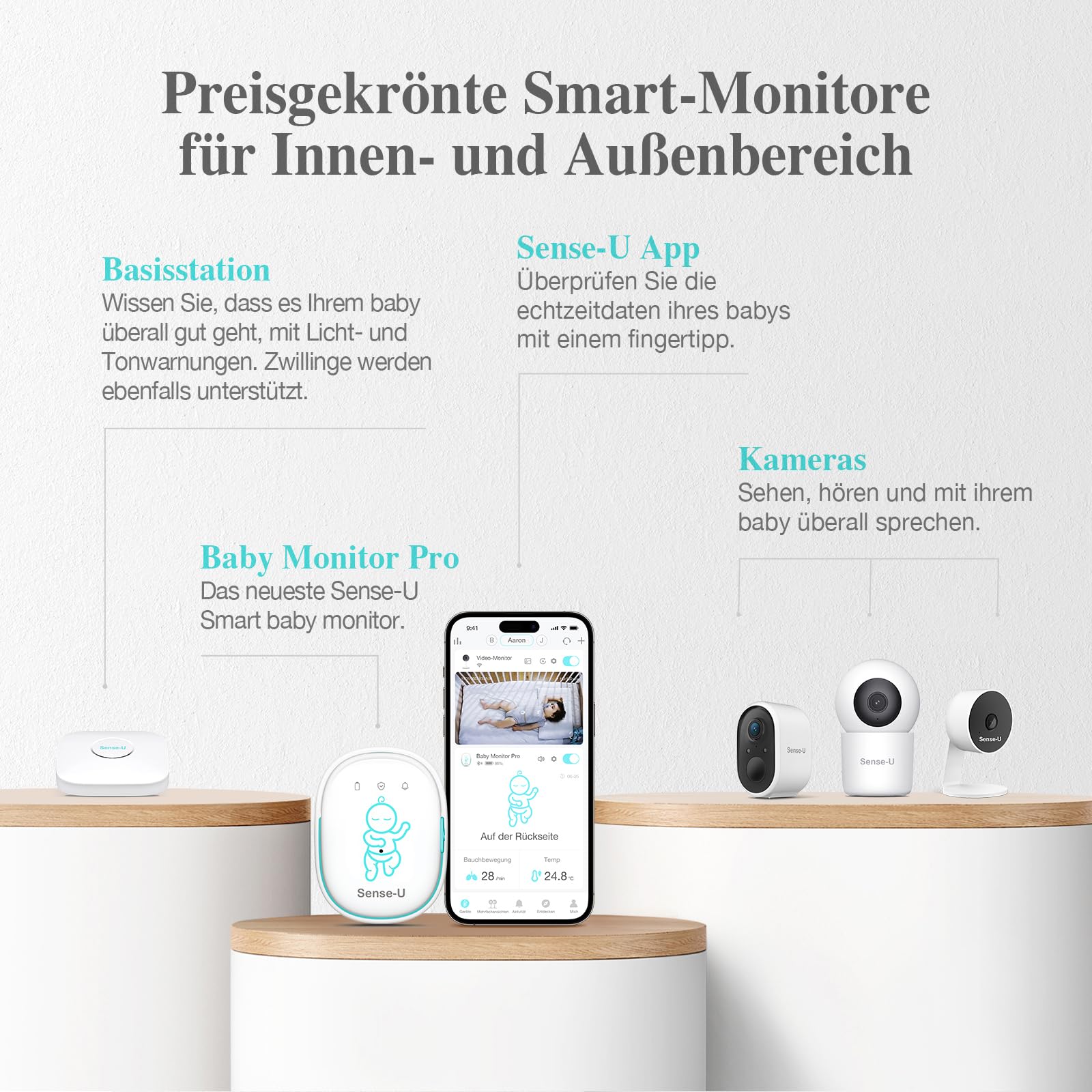 Sense-U Baby Monitor 3 mit Kamera,Babyphone,das Sie bei Bauchbewegungen,Rollen,Temperaturen und Erkannten Bewegungen Benachrichtigt, mit Nachtsicht,2-Wege-Sprechfunktion und Großer Reichweite