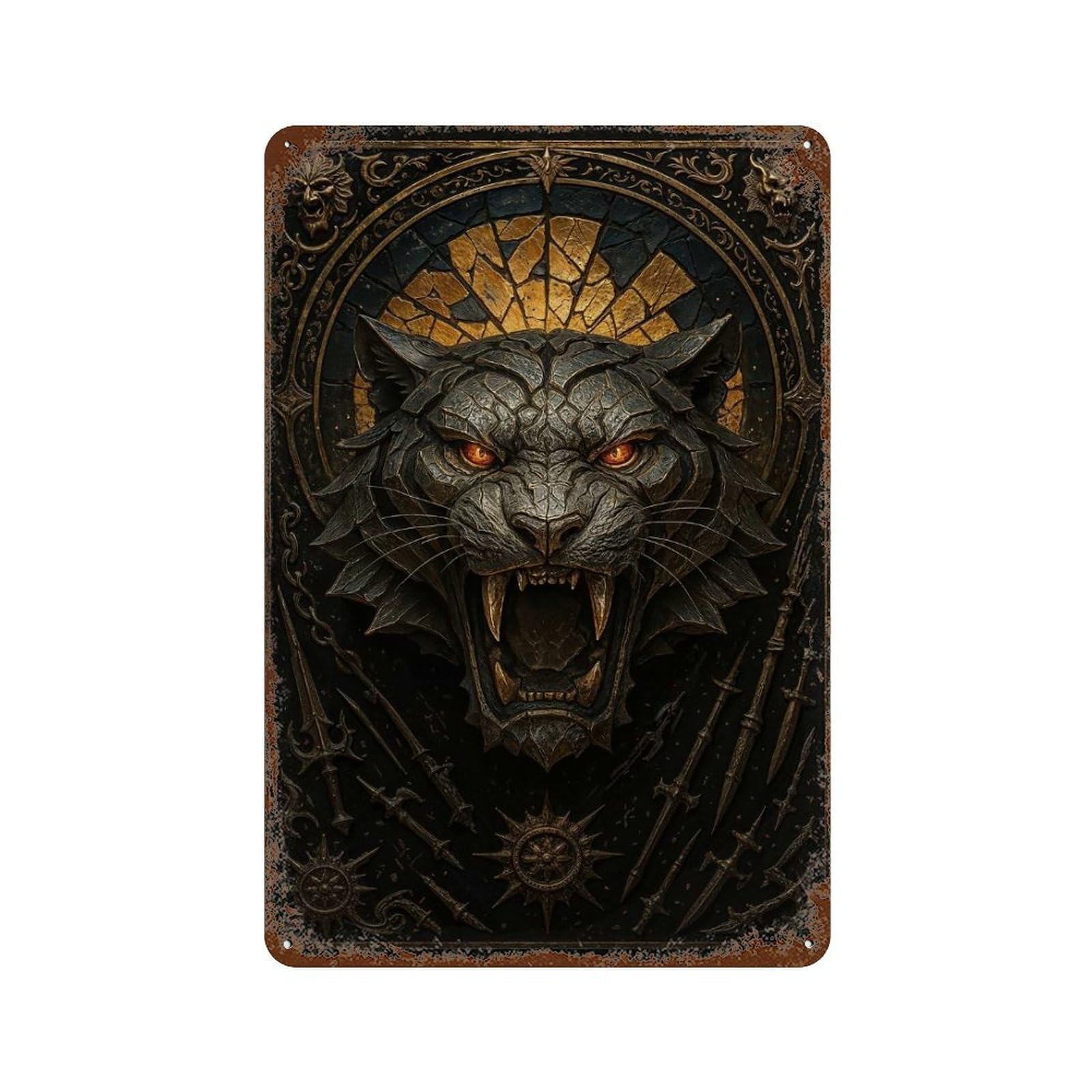 Roaring Tiger – Gothic Metal Fantasy Beast Poster Vintage Rust Metal Sign 11.8"x7.9", Ideal for Cafe, Home Bar And Lounge Decor