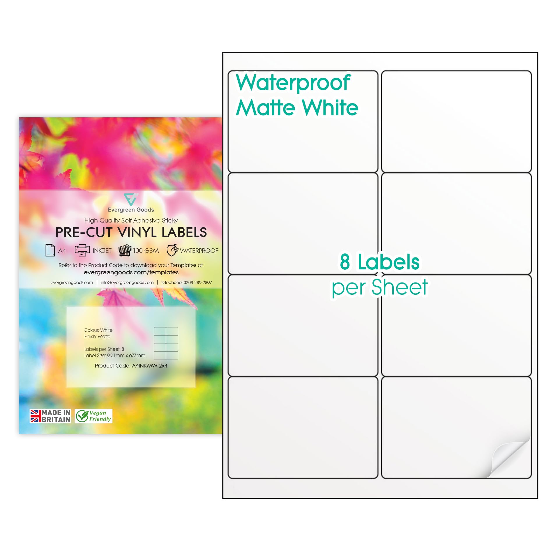 Etiquetas adhesivas de vinilo impermeables precortadas imprimibles, hoja A4, 9 variaciones de tamaño de etiqueta, papel adhesivo A4 blanco mate, imprimible por inyección de tinta y láser (2 x 4 (8 por