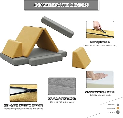 Miniatura 6 de Wanmwill Sofá infantil modular de 6 piezas, convertible plegable con cremalleras seguras, equipo de juego suave para niños y niños, futón para