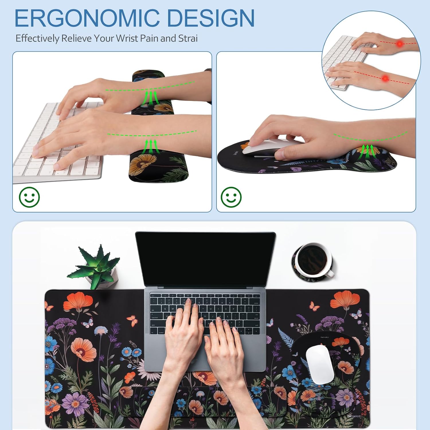 Petmolico Keyboard Wrist Rest Large 4-in-1 Gaming Mouse Pad Wrist Support for Computer Desk Mat Ergonomic Design [Black,Orange and Blue,Flower]
