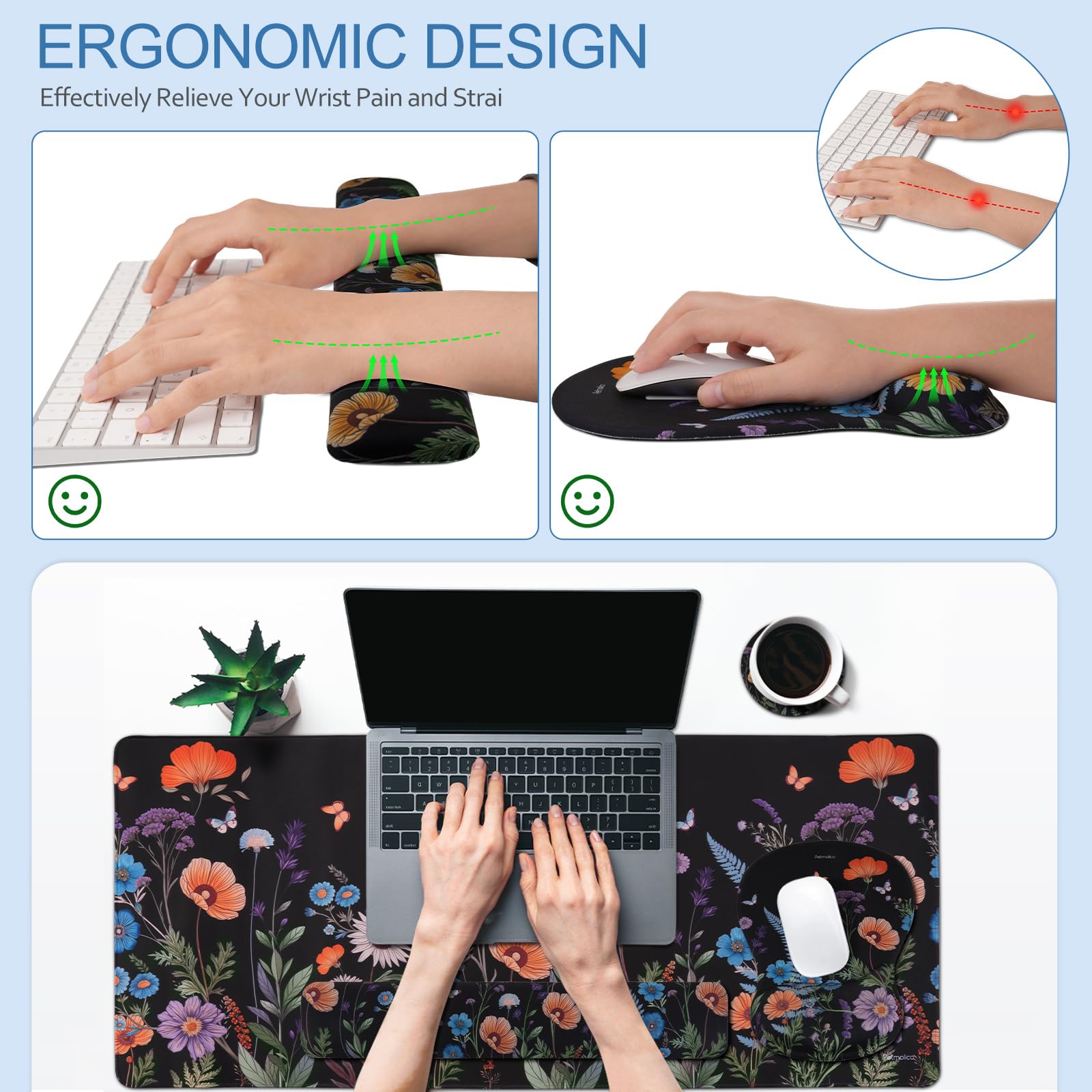 Petmolico Grand repose-poignet pour clavier 4 en 1 - Support de poignet pour ordinateur - Design ergonomique - Motif floral noir, orange et bleu