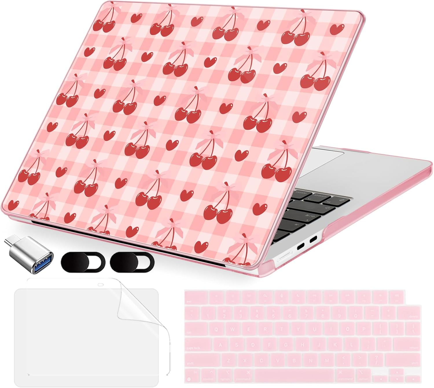 MecBevia Compatible with 2026 M5 MacBook Air 13 inch Case 2026 2025 2024-2022 M5 A3449 M4 A3240 M3 A3113 M2 A2681, Keyboard Cover, Screen Protector, Webcam Cover & Type-C OTG, Pink Cherry Check