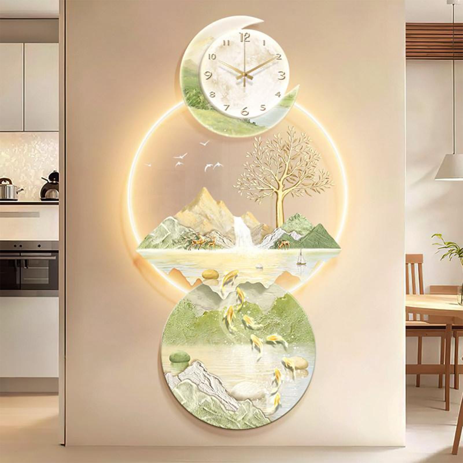 3D Wall Art Decor Clock Large 3D Wall Sculptures with LED Light Plug-in Power Supply Modern Home Decor Landscape Wall Sculpture for Living Room Bedroom Office