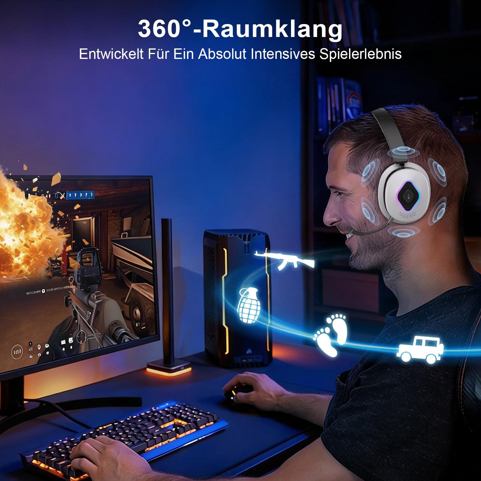 Earbay 2.4GHz Wireless Gaming Headset mit Bluetooth Kopfhörer Für PS5, PS4, PC, Switch, Xbox & Laptop, 6.0 Bluetooth Gaming Headset mit Mikrofon, klappbarem Mikrofon, 40h Akku, RGB-Ladestation