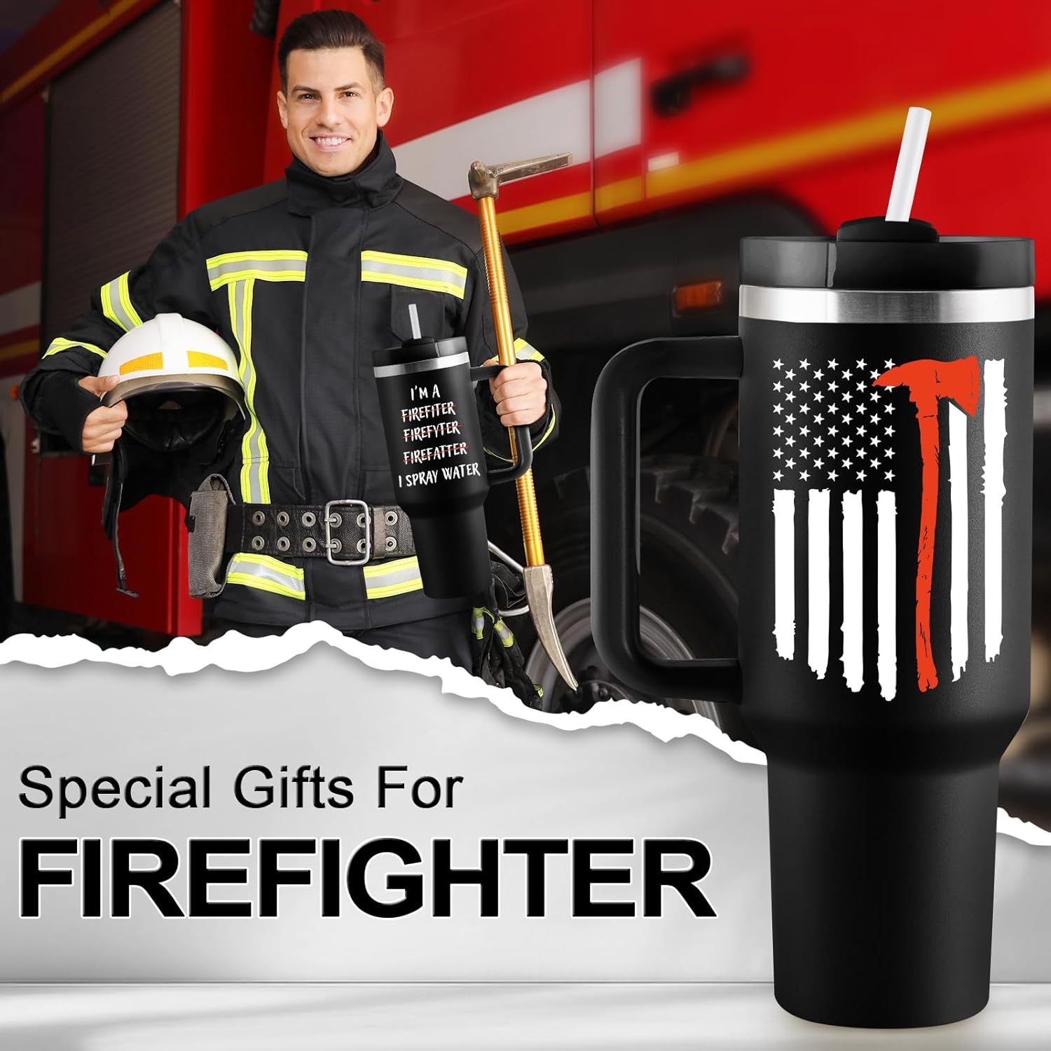Firefighter Gifts for Men - Birthday Gifts for Fireman - 40 oz Insulated Tumbler with Handle and Straw - Fire Fighter Gift Ideas for Dad Husband Boyfriend - Firefighter Tumbler - Image 2