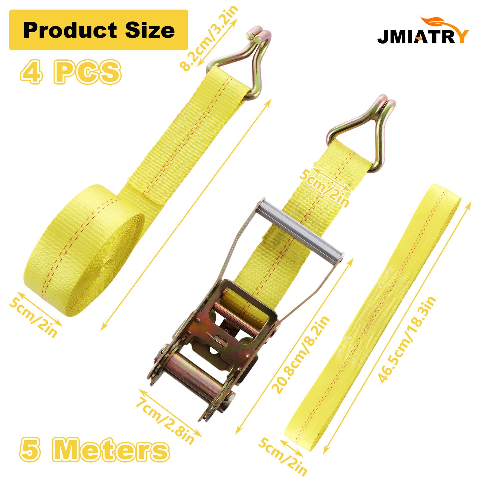 JMIATRY 4 cinghie a cricchetto resistenti con ganci, 5 m x 50 mm, con resistenza alla rottura di 4000 kg, cinghia regolabile a cricchetto per furgoni, moto, camion e rimorchi
