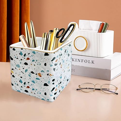 Miniatura 2 de Portalápices de cerámica de 2 compartimentos - Organizador de lápices de mármol de terrazo dorado para mujeres - Azul