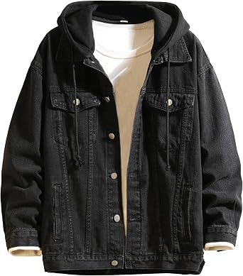 Mens Denim Hoodie Jacket Casual Long Sleeve Button Down Jeans Coat Windproof Hip Hop Trucker Hooded Jackets