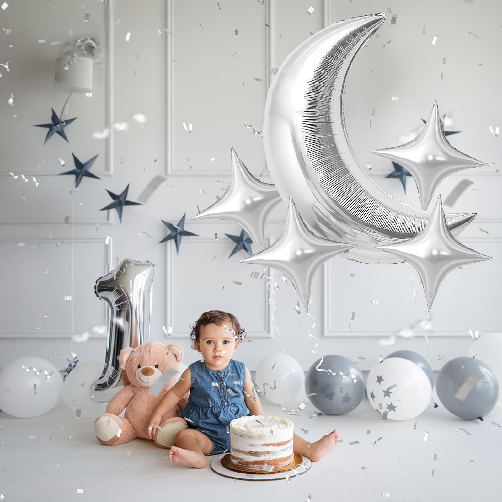 Balony księżycowe i gwiazdy, duży metaliczny srebrny balon foliowy w kształcie księżyca, 18 cali, srebrny, chrom, mylar, gwiazda, balon helowy na Ramadan Eid, baby shower, wesele, przyjęcie
