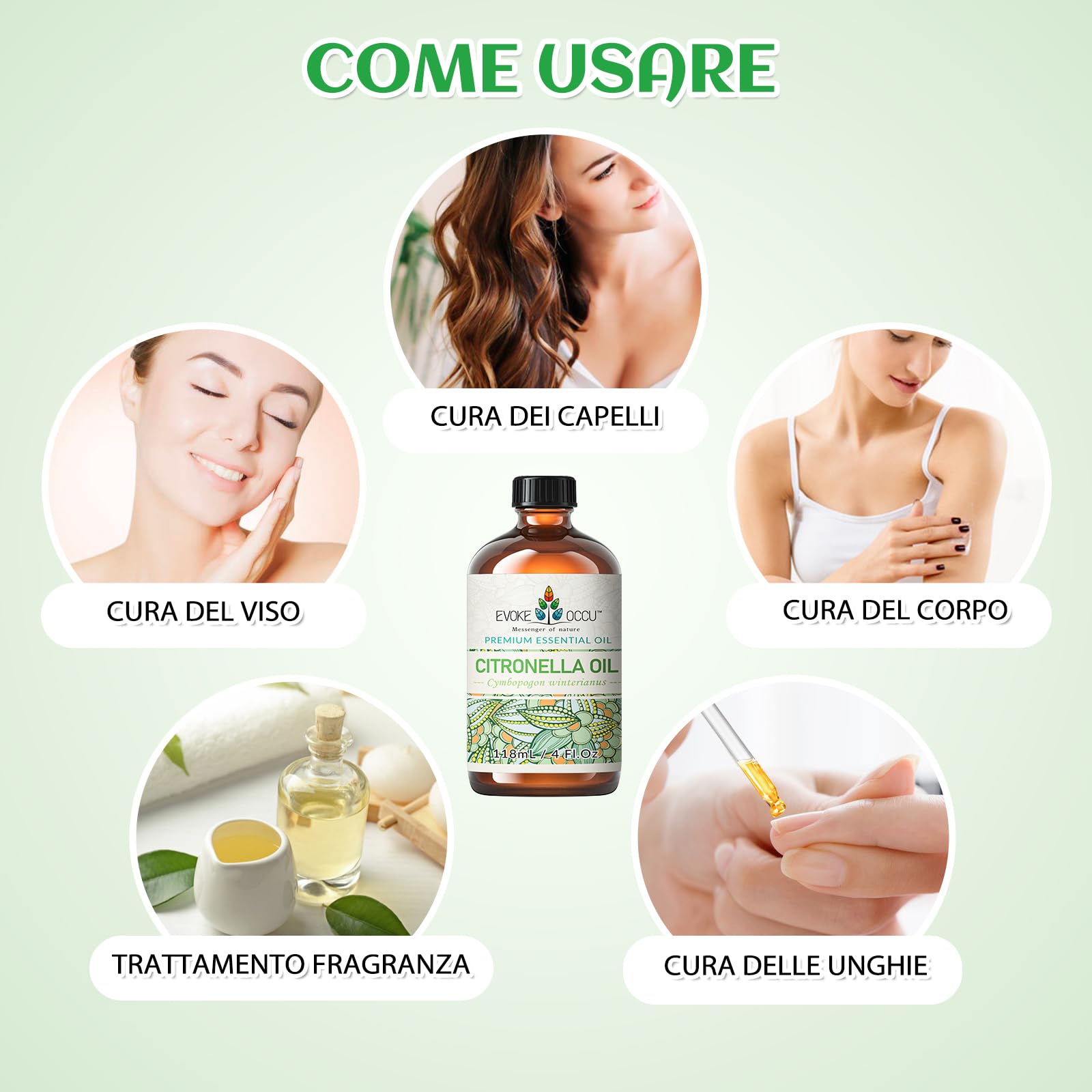 EVOKE OCCU Olio Essenziale di Citronella 118ml, Puro per Diffusore, Spray, Massaggio, Aromaterapia, Pelle, Capelli