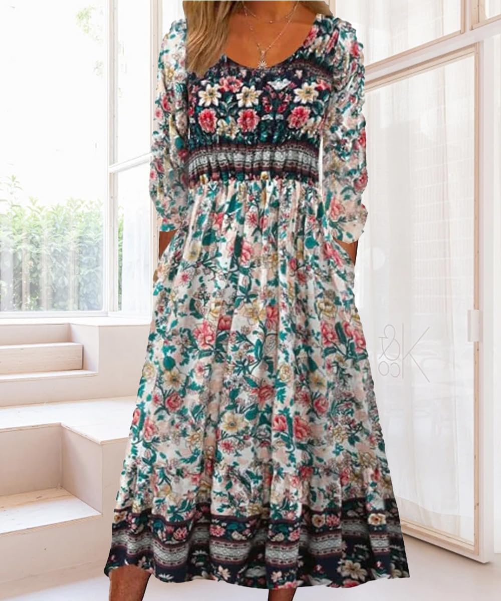 ABINGOO Damen Kurzarm Rundhals Sommerkleid Boho Blumendruck A-Linie Kleid Lose Midikleid Freizeitkleid Strandkleider mit Taschen - Image 7