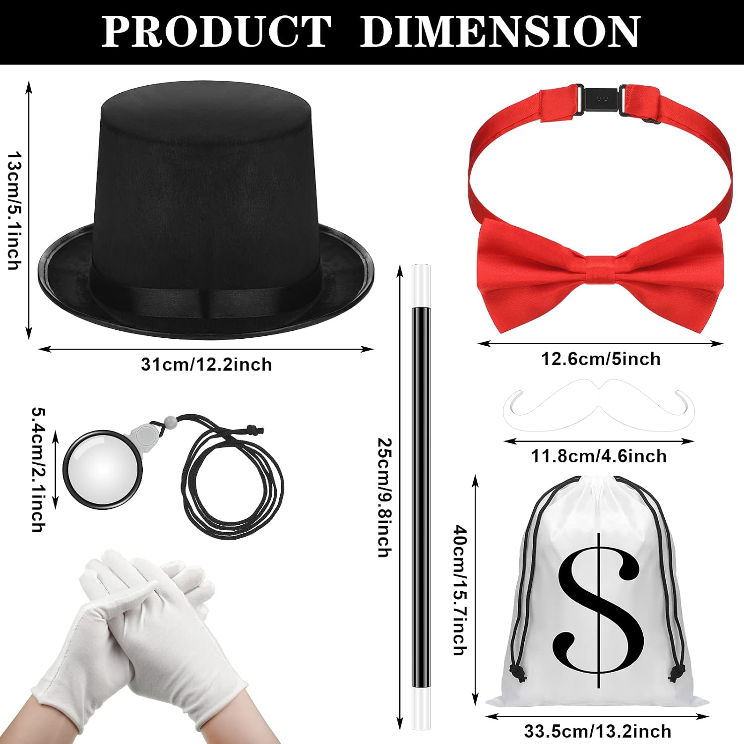 Jiuguva 7 Pcs Uncle Costume Accessories Set Board Costume Man Hat Monocle Red Bow Tie Money Bag White Gloves Mustache Cane for Halloween Party Supplies