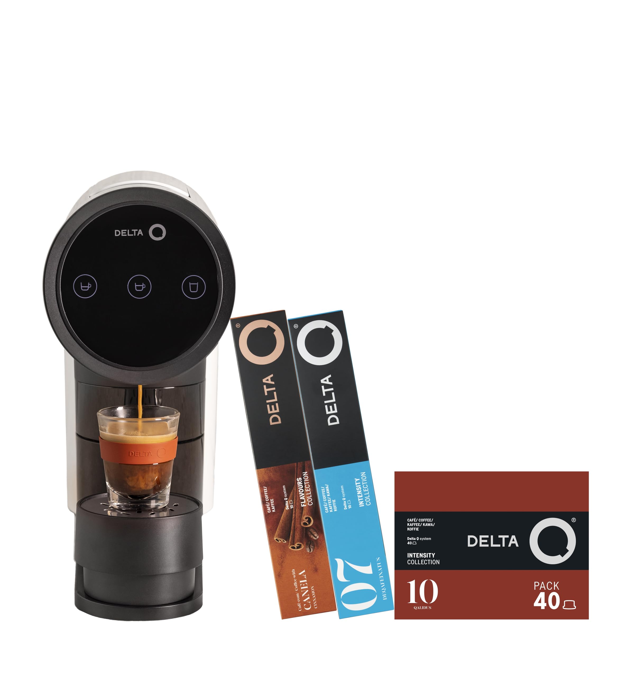Delta Q Cafetera lconiQ Blanca+ 60 cápsulas - Cafetera de café de cápsulas + 1 pack de 40 cápsulas intensidad 10 + 1 pack 10 cápsulas descafeinado + 1 pack 10 cápsulas café con canela