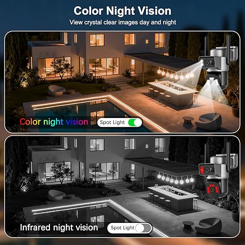 Miniatura 8 de Cámaras de seguridad solar 4K inalámbricas para exteriores, 360 PTZ 5GHz2.4GHz Cámaras WiFi para seguridad en el hogar con doble lente, seguimiento