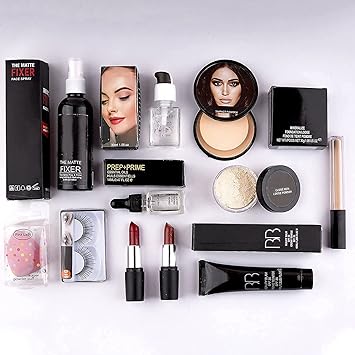 Cosmetics Makeup kit combo pack of 11, Essential Oil, Face Primer, foundation, Concealer, Loose Powder, Blender, Makeup Fixer, Compact Powder face powder, 2 lipstick, eyelashes