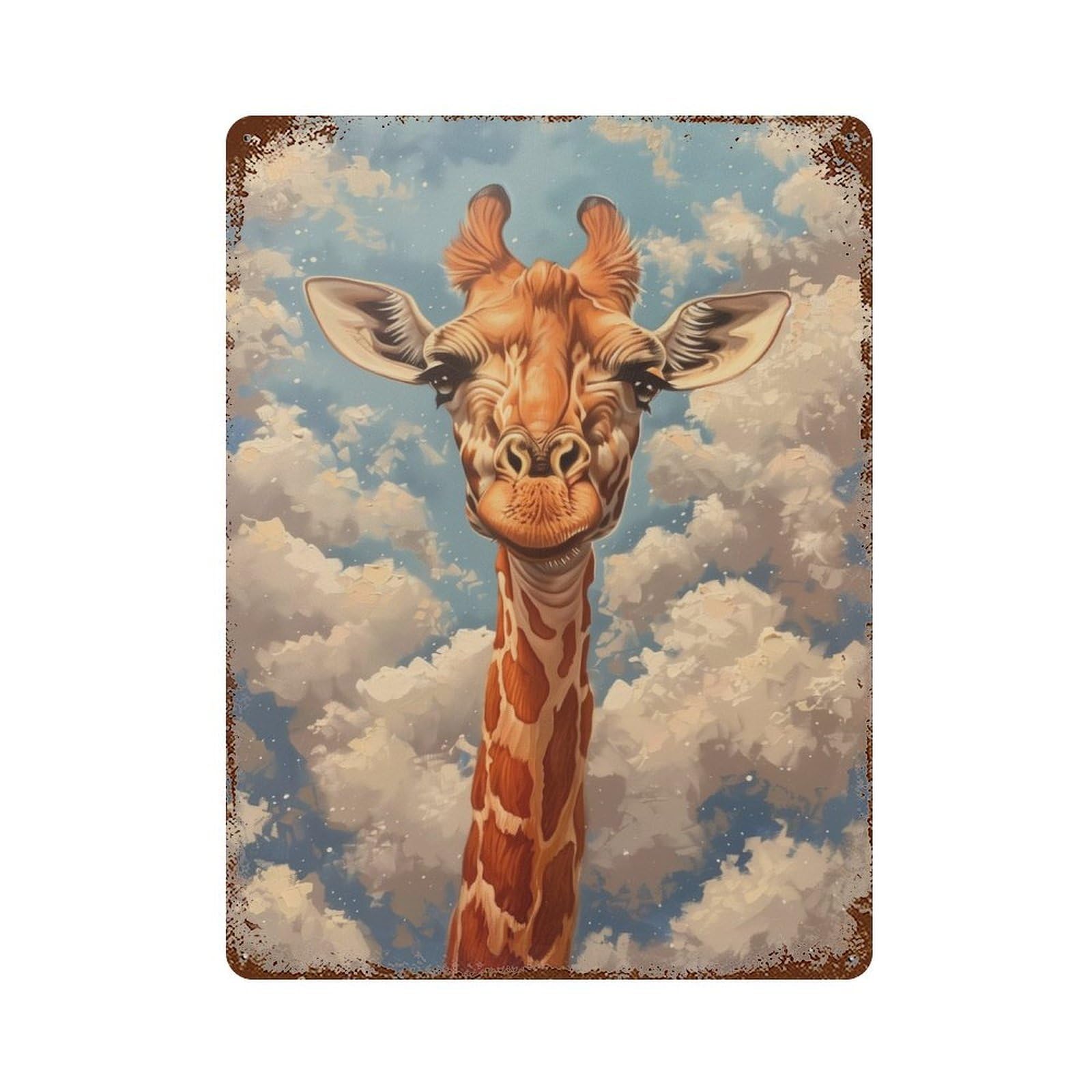 Giraffe Portrait Clouds 15.7"x11.8" Aged Metal Wall Plaque, Classic Wall Plaque for Basement, Hobby Room And Garage Decor