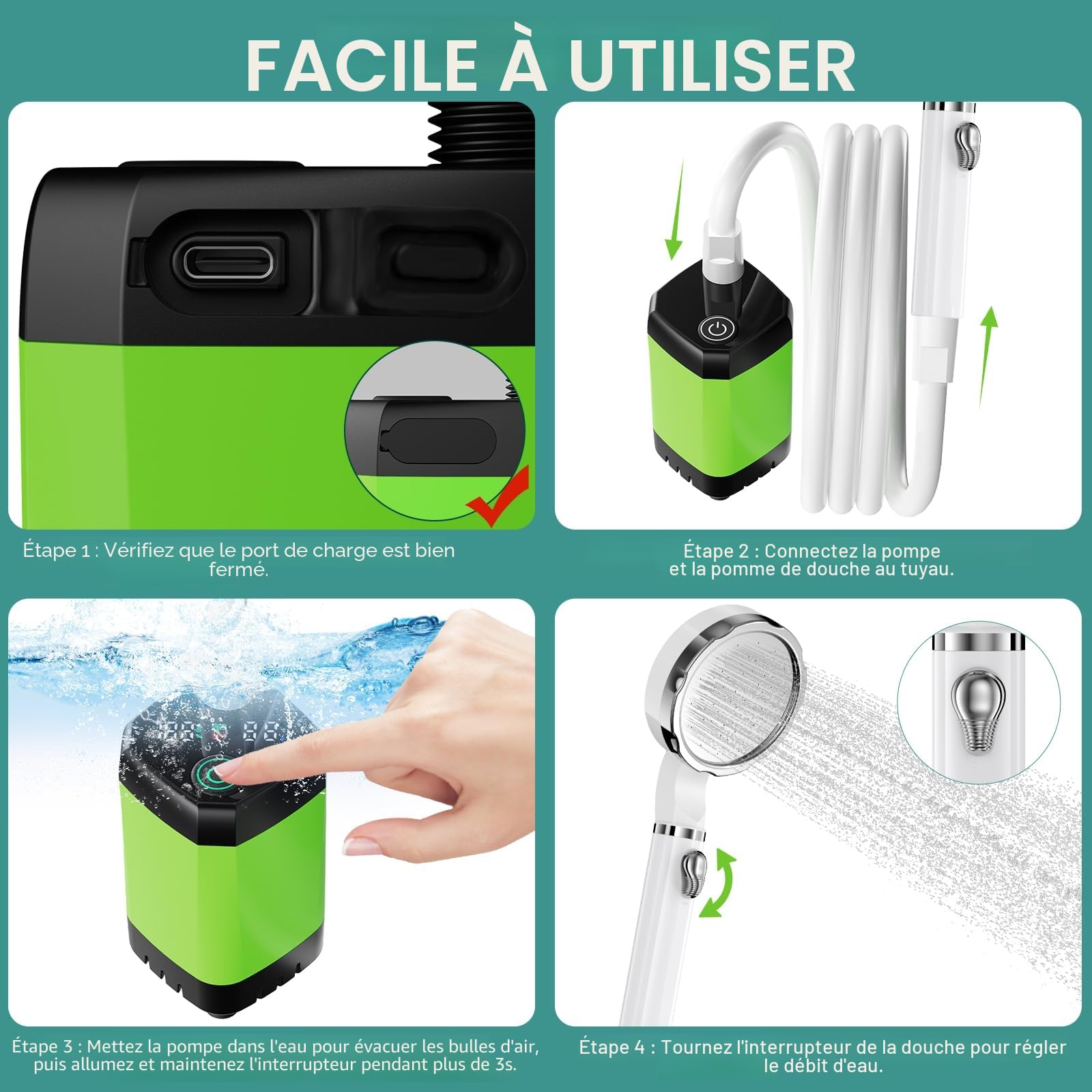 Kit Douche de Camping, Upgrade 6000mAh Douche Portable, Pompe de Douche Mobile avec Affichage de la Température et Affichage de la Puissance pour Camping, Animaux domestiques, Nettoyage de la Voiture