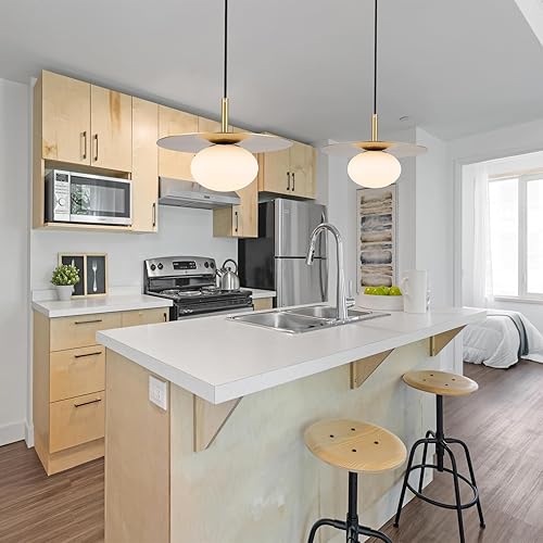 Miniatura 8 de Iluminación colgante de globo moderno, pantalla de vidrio blanco lechoso, lámpara colgante de granja dorada de latón de 11.81 pulgadas, cúpula