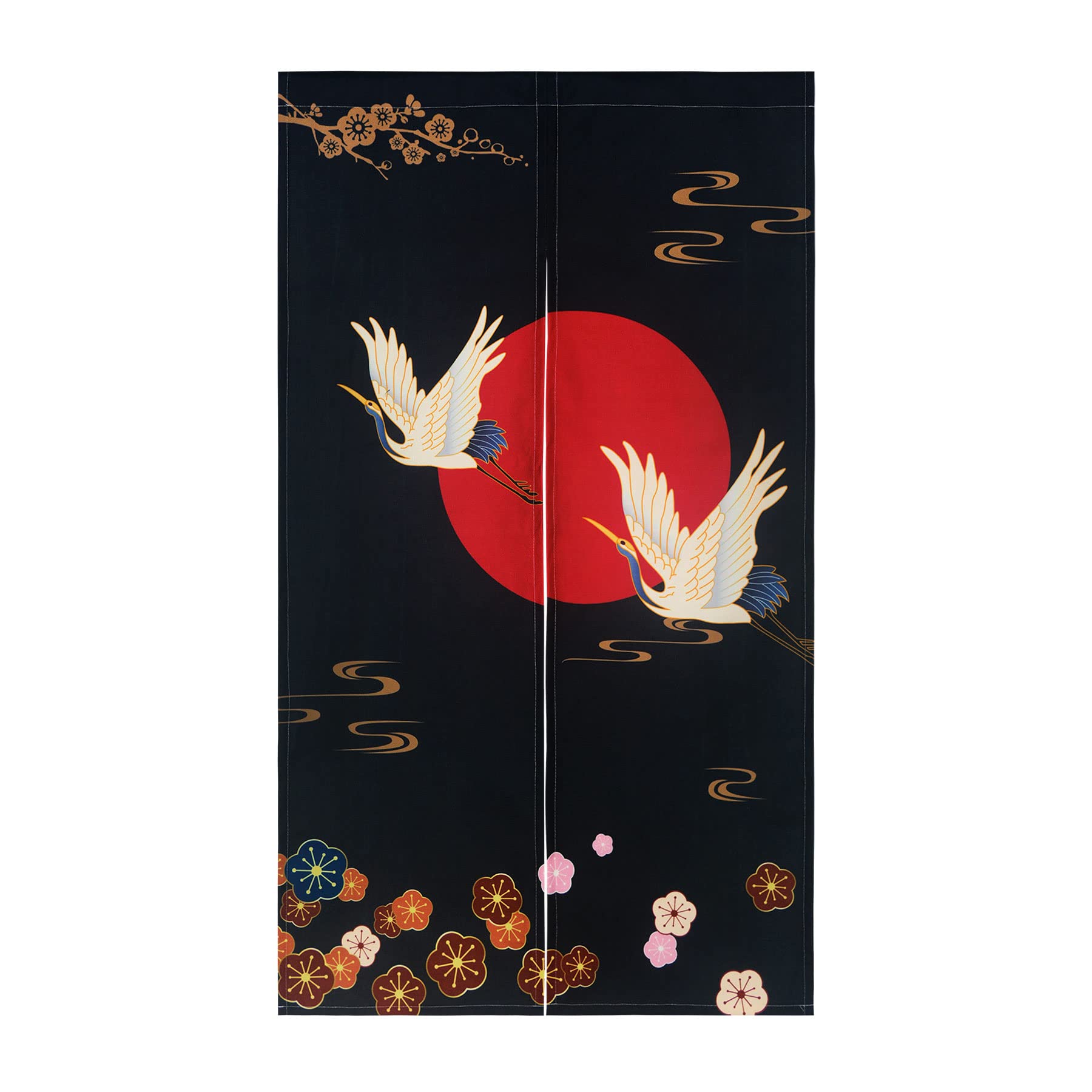 LIGICKY Noren Doorway Curtain Japanese Style White Cranes Red Sun Gold Colourful Cherryblossom Printed Cotton Linen Window Treatment Door Tapestry for Home Decoration 33.5" Width x 59" Long