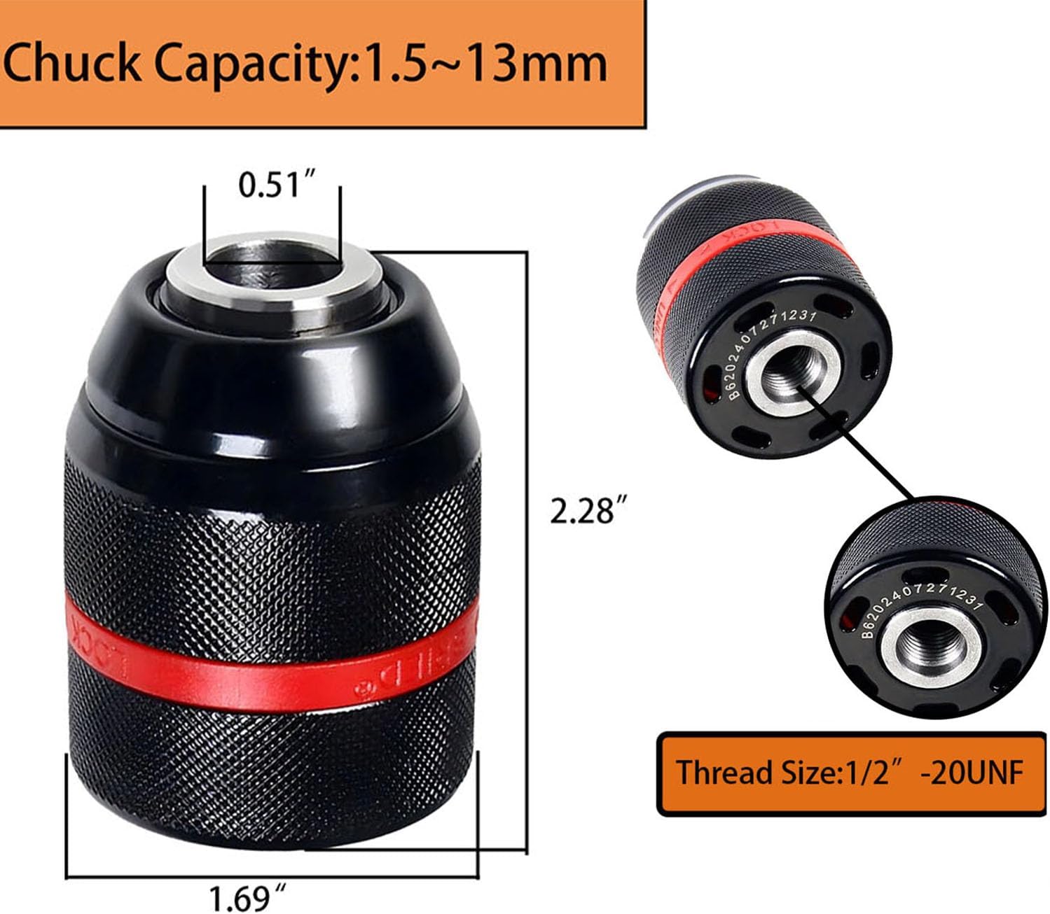 Keyless Drill Chuck for Milwaukee M18: 1/2-20UNF Mount, 1.5-13mm Clamping, Self-Tighten Fit Hand Drill/Impact Driver