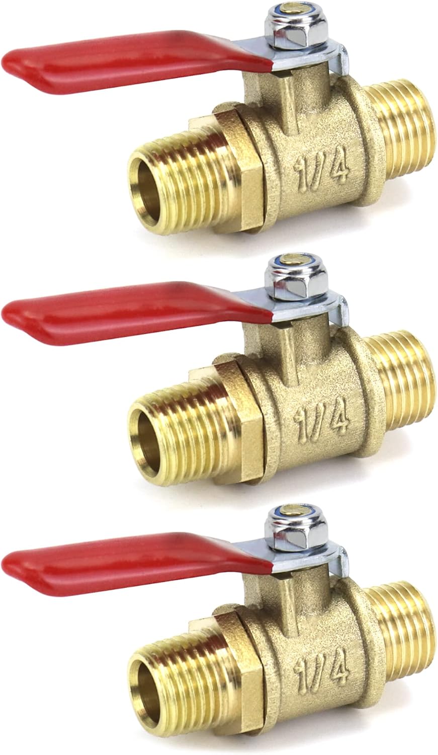 QWORK Ball Valve, 3 Pcs 1/4" Heavy Duty Brass Ball Valve Shut Off Switch, 1/4" Male x Male NPT Thread Pipe Fitting Air Compressor Shut Off Valve