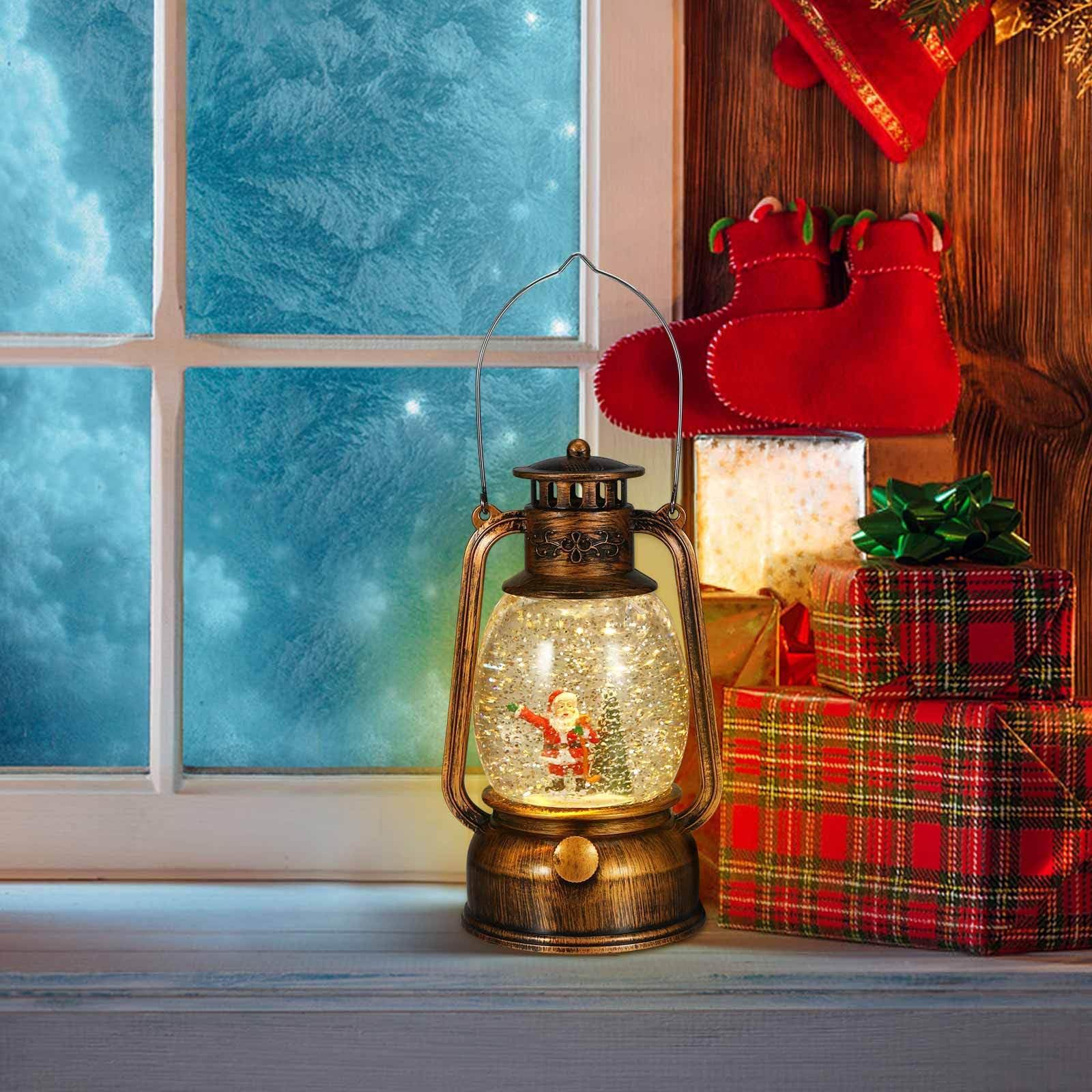 OSALADI Lanterna Natalizia Illuminata con Globo di Neve e Musica, Design Elegante in Vetro e Plastico, Decorazione per Tavolo Feste di Natale, Alimentata a USB o Batteria