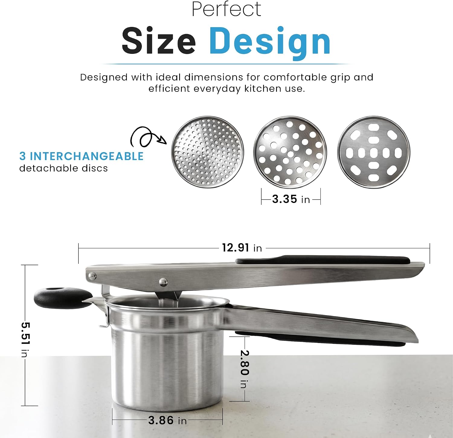 Large 15oz Potato Ricer with 3 Interchangeable Discs - Heavy Duty Stainless Steel Press & Non-Slip Handles for Fluffy Mashed Potatoes - Potato Masher, Press and Ricer Kitchen Tool, Black