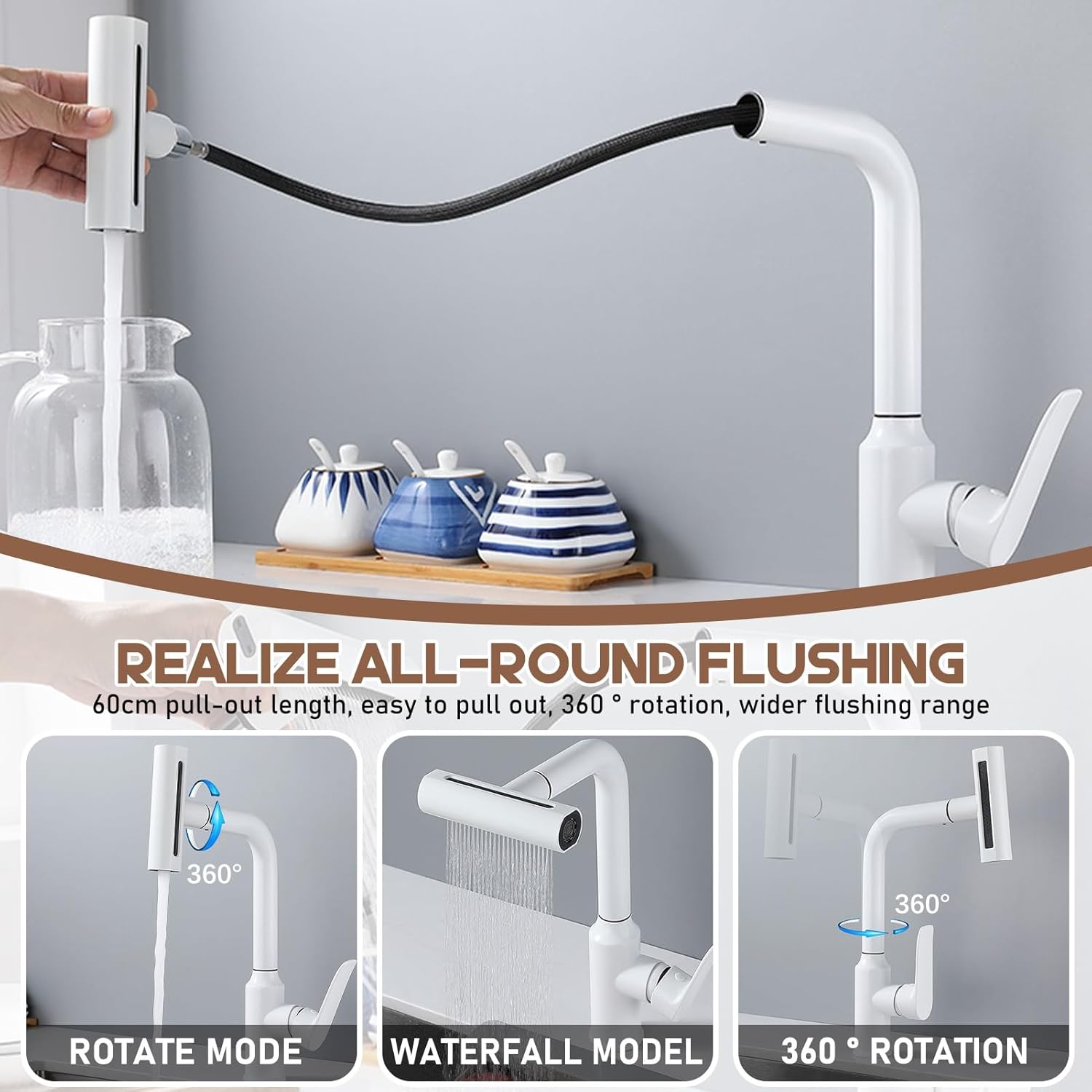Modern Pull Out Waterfall Kitchen Faucet with 4 Water Outlet Modes Hot & Cold Dual Use Single Hole Design Ideal for RV & Bar Utility (Silver)