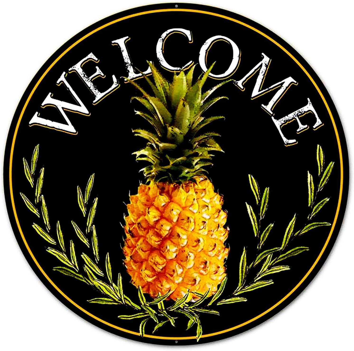 Eletina mlfl Metal Tin Sign Farmhouse Vintage 12" Round Metal Sign: Welcome Pineapple Wall Door Hanger Decor