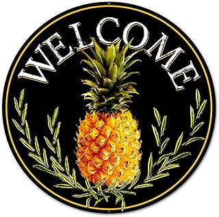 Eletina Welcome Metal Tin Sign Farmhouse Vintage 12" Round Metal Sign: Welcome Pineapple Wall Door Hanger Decor, Yellow black