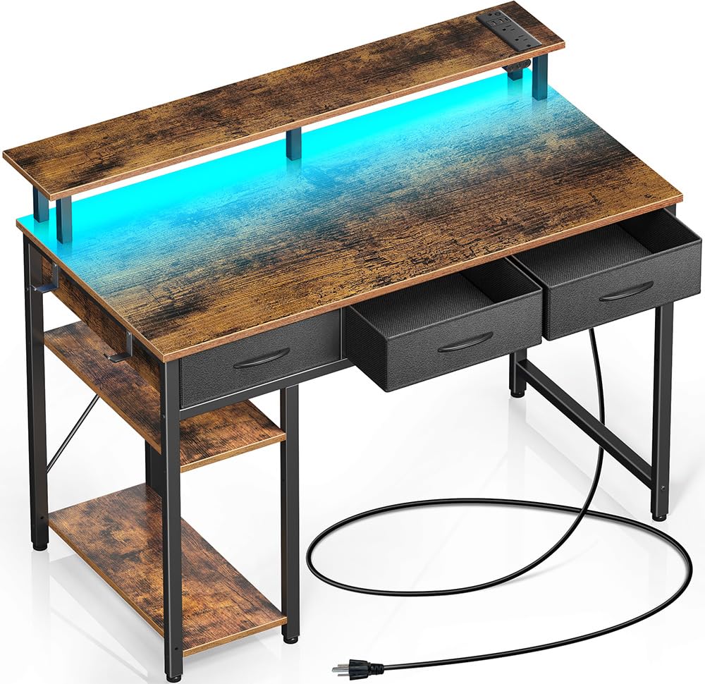 Desk, Home Office Desk with 2 Drawers and Storage Shelves, Writing Desk