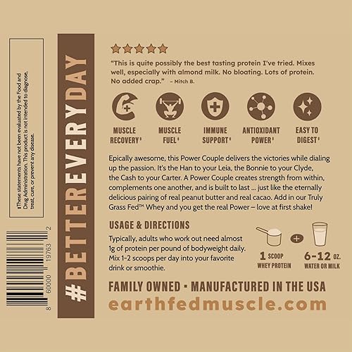 Vista 9 de Earth Fed Muscle Power Couple Peanut Butter Chocolate Truly Grass Fed Whey Protein Isolate - NSF-Certified. No Artificial Ingredients, Soy Free