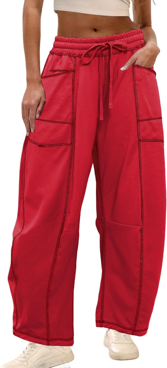 Athlisan Womens Baggy Barrel Pants Wide Leg Lounge Drawstring Sweatpants with Pockets