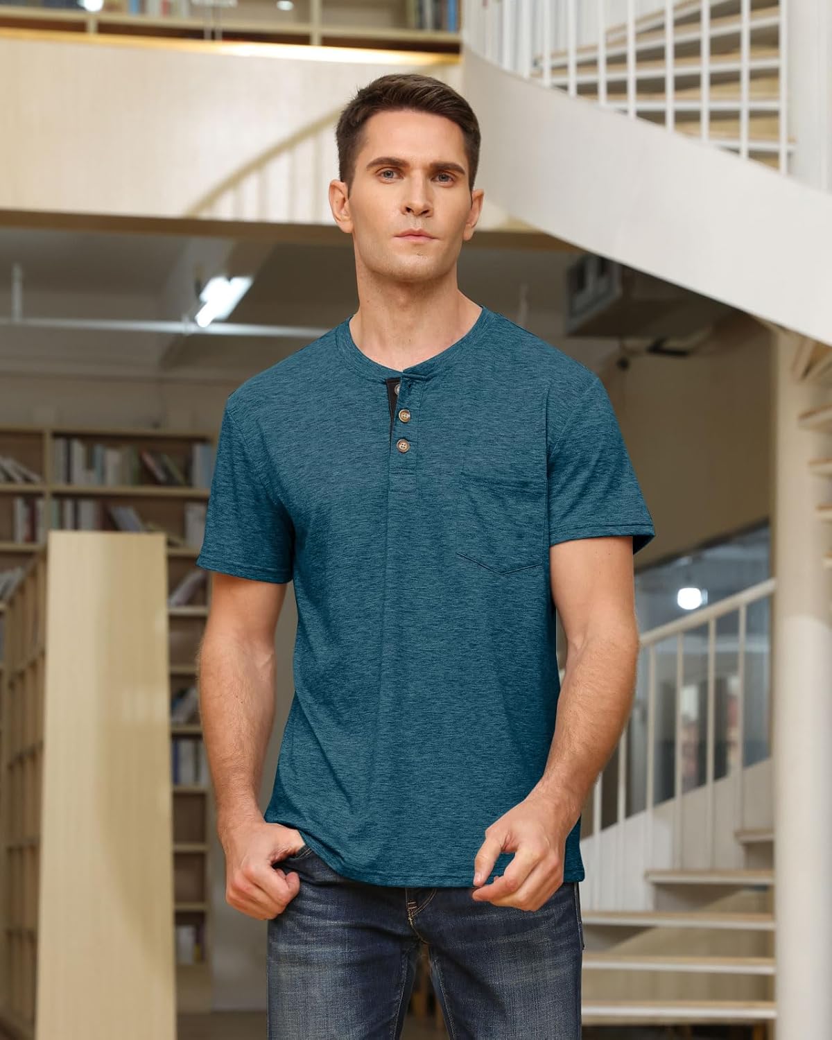 Angbater Men's Henley Shirts Casual Short Sleeve Button Cotton Tee Fashion Classic Tee T-Shirt with Pocket - Image 2
