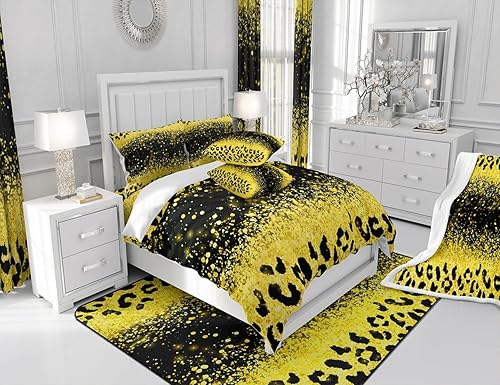 Miniatura 6 de Juego de ropa de cama con purpurina de leopardo, tamaño Queen, color dorado y negro degradado (no con brillantina), funda de edredón 100% algodón