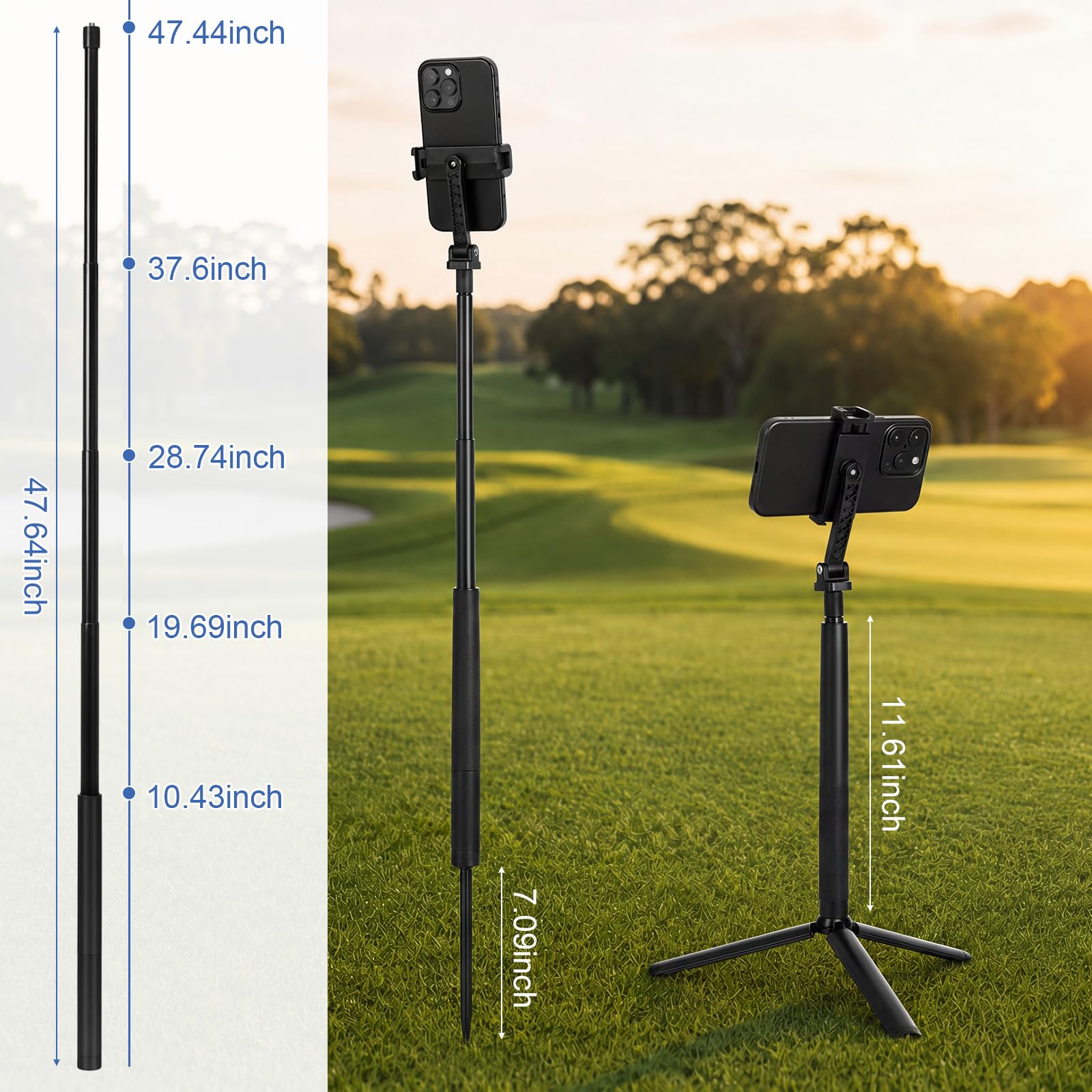 Ripeng Treppiede da golf da 53 '' e monopiede per fotocamera e supporto per | Base intercambiabile, altezza regolabile, pieghevole leggero, morsetto sicuro senza bisogno di parti aggiuntive