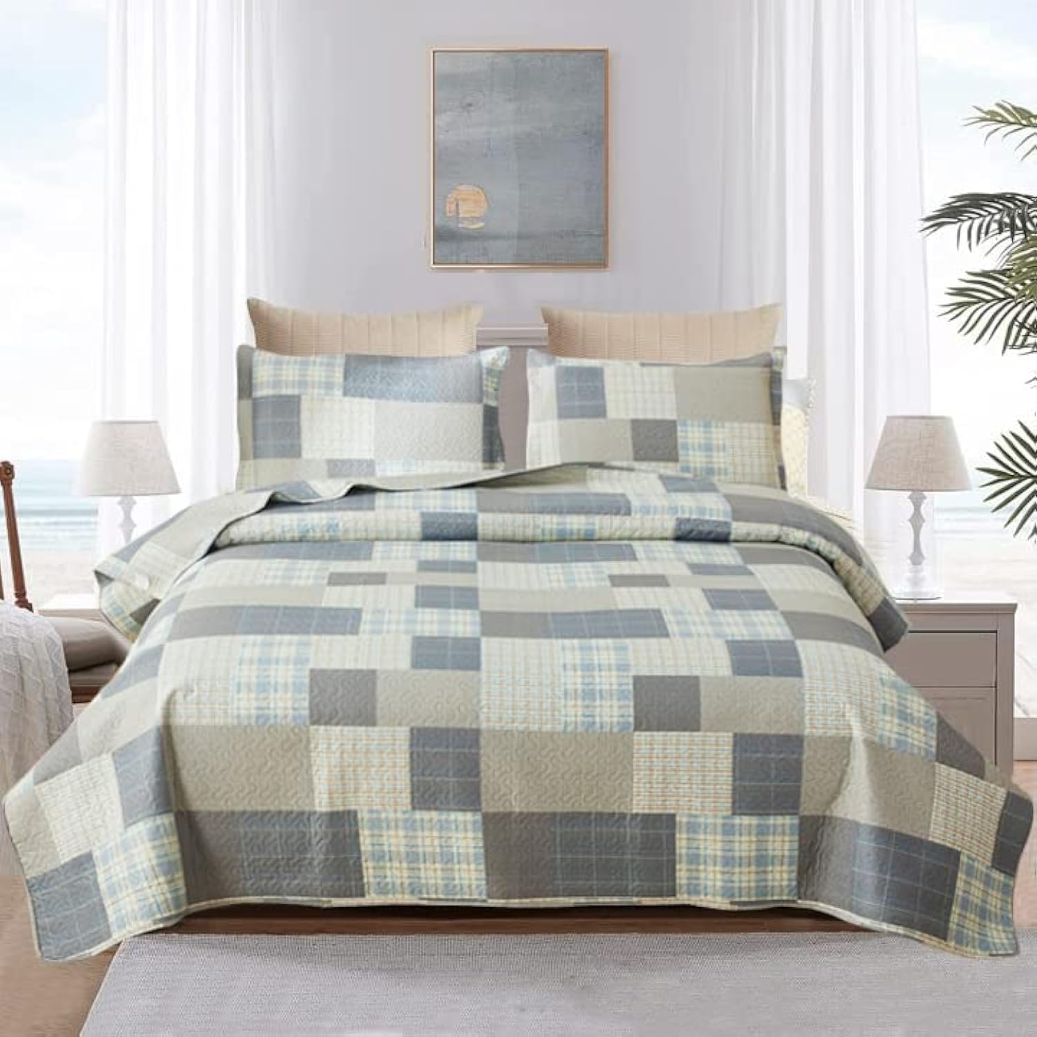 Ycosy Beige Plaid Quilt Set King Size Patchwork Quilts Bedding Plaid Reversible Bedspread Coverlet Soft Lightweight Bed Cover Set All Season,1 Quilt 2 Pillow Shams