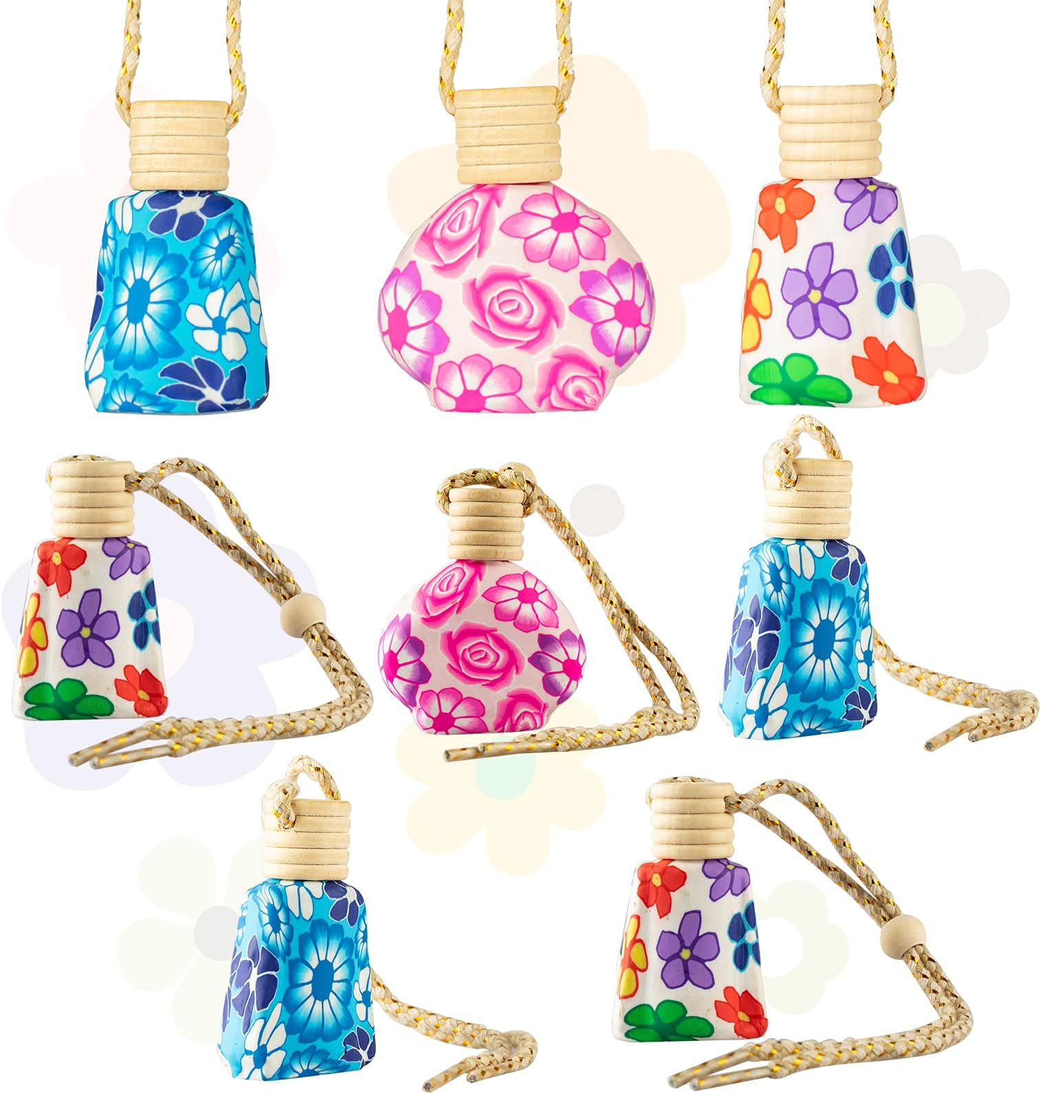 10 Pieces Empty Refillable Car Perfume Bottle, Soft Ceramics Floral Art Printed Hanging Car Air Freshener Perfume Diffuser Fragrance Bottle Random Color